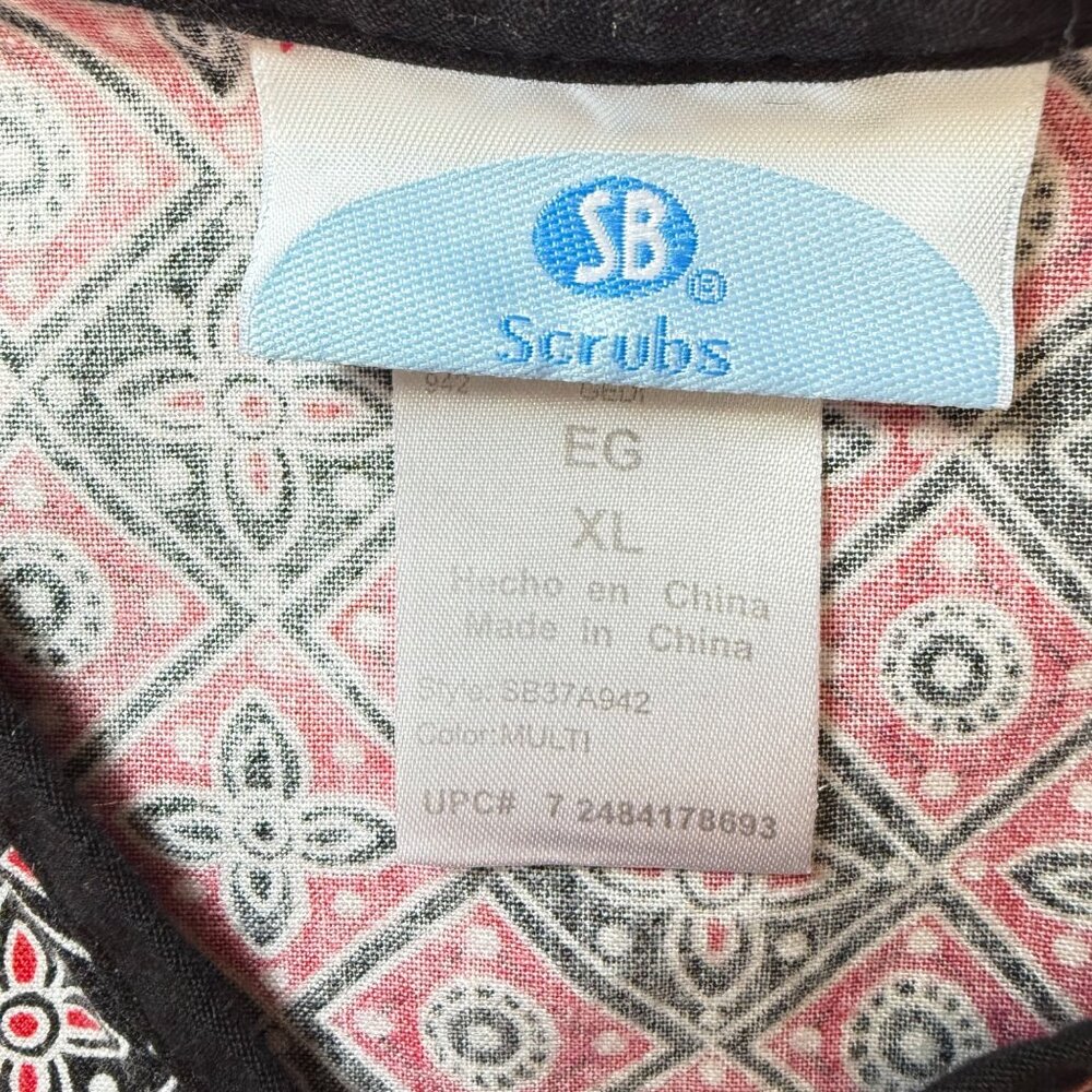 Sb Scrubs Wrap Top Size XL Geometric Pattern Black Red White Pull Over Tie Back - Picture 6 of 7